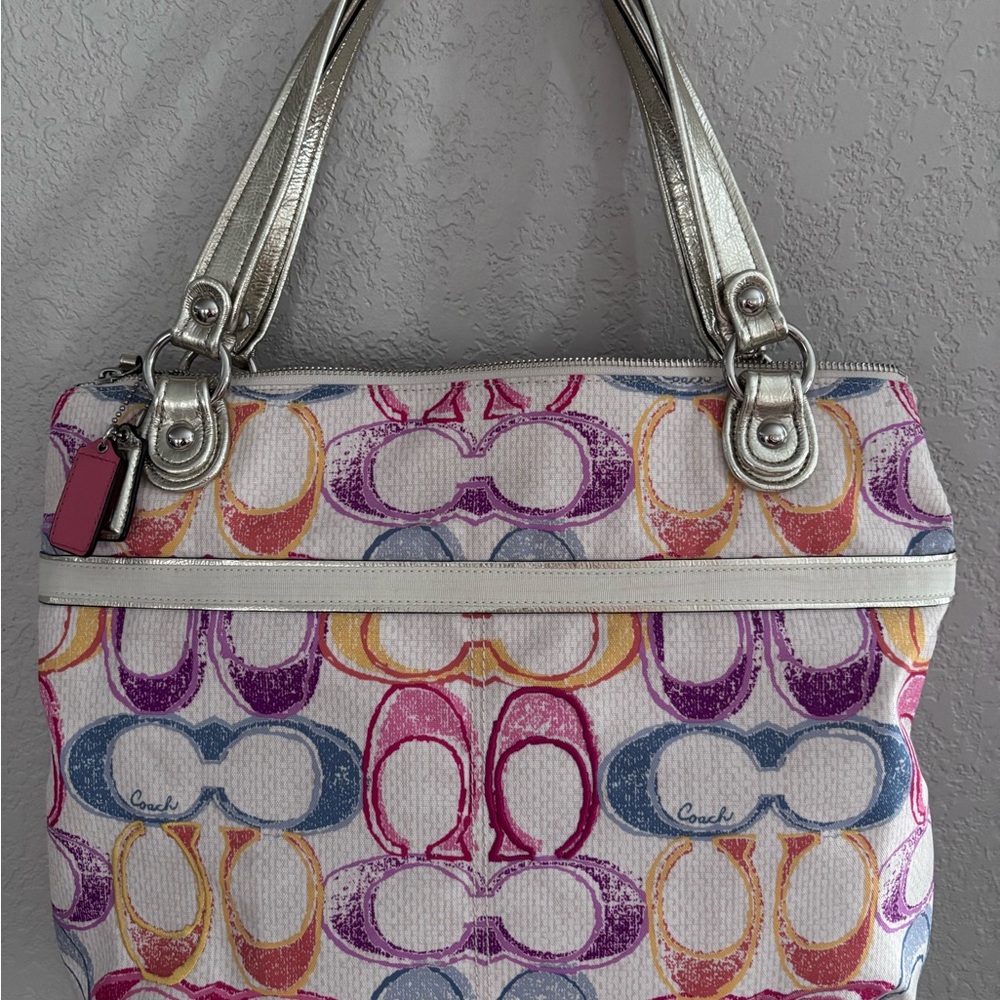 Coach Poppy Multicolor Signature Canvas Tote with Silver Handles